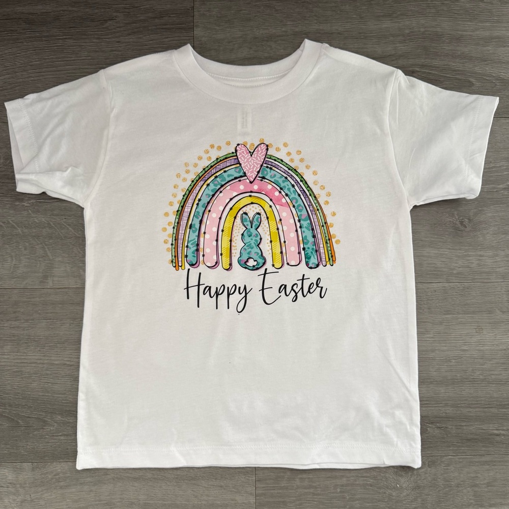 Bella Canvas White Short Sleeve Tee with Rainbow Bunny Design